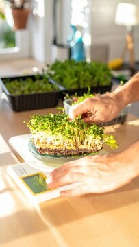 Person weighing freshly harvested microgreens on a kitchen scale for healthy meal preparation, organic farming, sustainable nutrition and portion control