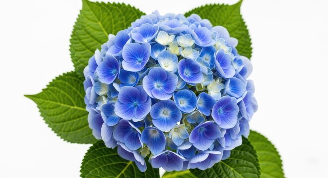 A vibrant blue hydrangea bush with large green leaves forms a lush green backdrop against a white wall.