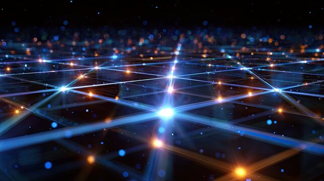 A luminous network grid with interconnected glowing nodes and blue and orange lights on a dark background, symbolizing digital connectivity and data flow.