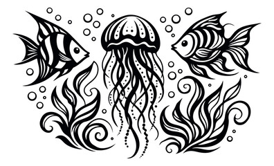 Fototapeta premium Hand drawn line art marine life set featuring two fish, a jellyfish, and seaweed with bubbles for aquatic design
