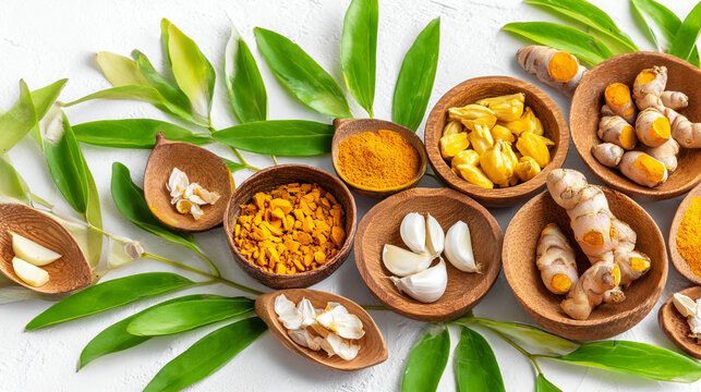 Wooden bowls filled with turmeric roots powder garlic cloves spice rack turmeric