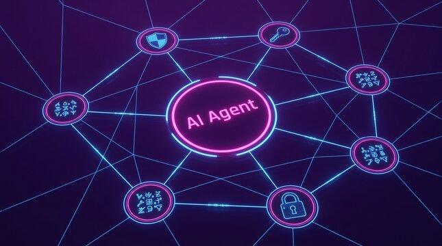 AI network, artificial intelligence agent, futuristic connections, neon lit technology