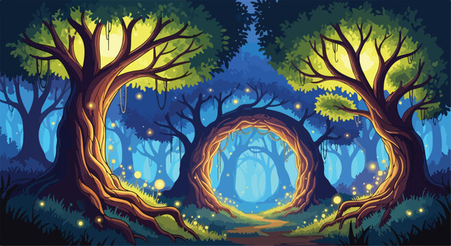 Enchanted forest landscape with glowing magical portal, mystical woodland background with ancient trees and fireflies, fantasy nature vector illustration