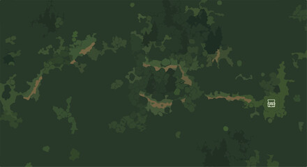 Fototapeta premium Top down forest map vector, aerial view of dense green woodland with dirt paths, flat style wilderness landscape for game design and navigation