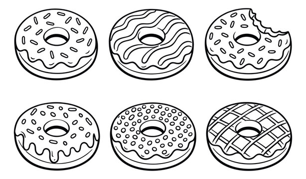 Hand drawn line art donut set featuring various glaze designs, sprinkles, and a bitten donut for sweet food concepts