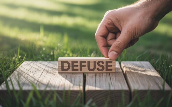 Hand Pushing Wooden Block Spelling Defuse Placed on Outdoor Wooden Surface in Natural Light