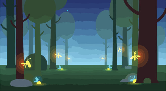 Magical night forest landscape with glowing fireflies, enchanted woodland scene with lightning bugs, flat vector illustration of dark forest at twilight