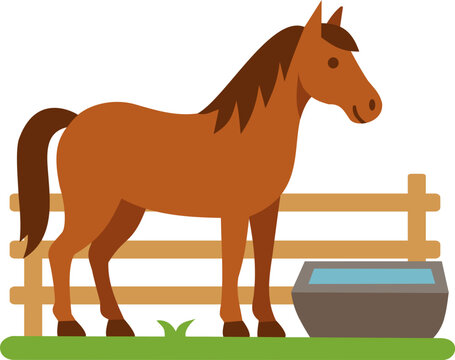 Flat vector icon of a brown horse standing by a wooden fence with a water trough