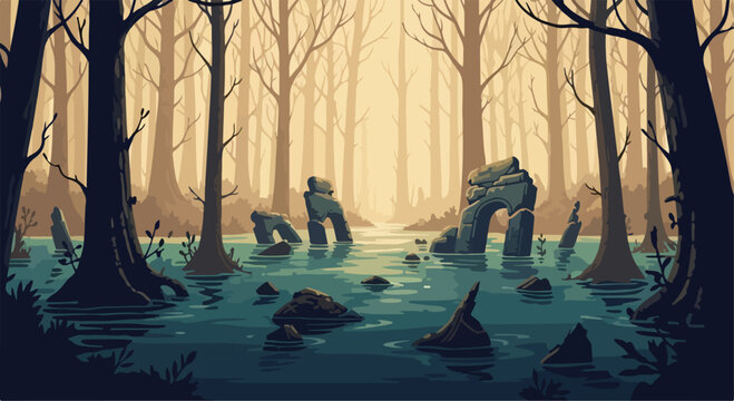 Mysterious swamp forest landscape with ancient stone ruins, eerie woodland marsh with dead trees, fantasy bayou background with murky water and fog