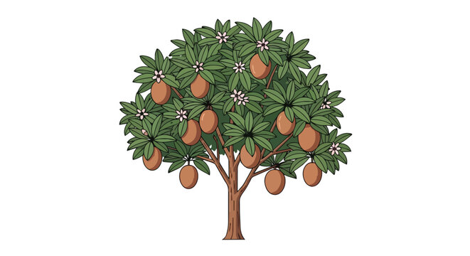 Tropical Sapodilla Tree Illustration with Lush Green Leaves and Mature Brown Chico Fruits isolated on White Background