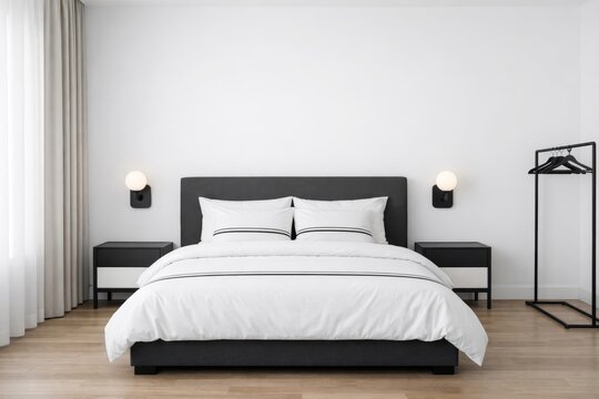 Modern bedroom with blank white wall and minimal furniture concept. Ai generative
