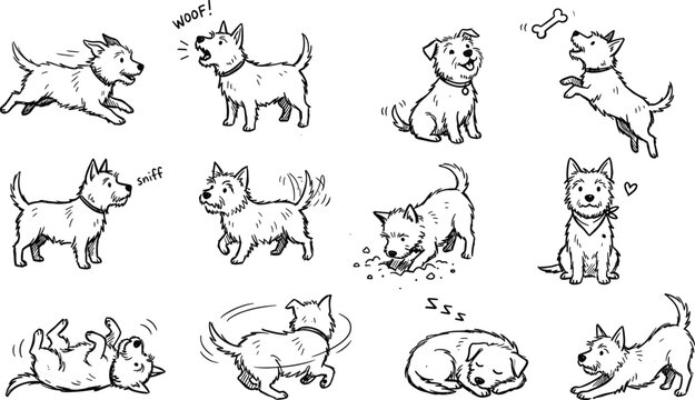 Charming sketch collection a whimsical display of dogs in various playful and relaxed poses expressing joy