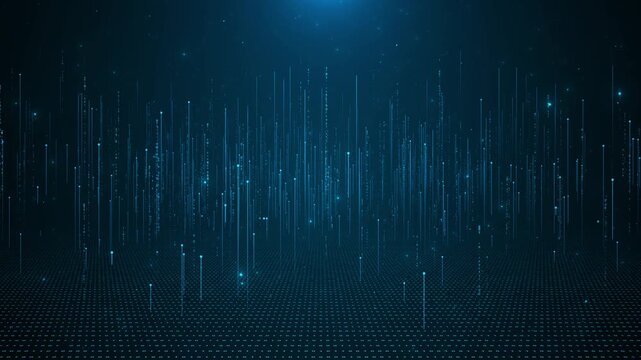 Futuristic binary line visual features rising digital streams, glowing dots, grid surface. data videos, coding backgrounds, cyber promos, technology intros, network visuals, software motion graphics.