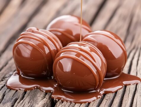 Delicious round chocolate pralines melting on wooden table