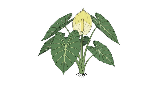 Botanical Illustration of Tropical Houseplant with Large Green Foliage and Yellow Spathe Flower Isolated on White