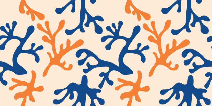 Seamless pattern with abstract seaweed silhouettes, marine botanical background hand-drawn