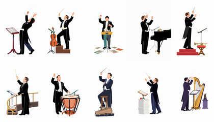 Flat Illustration Set of Orchestral Conductors in Various Dynamic Poses with Musical Instruments and Accessories © SuPra
