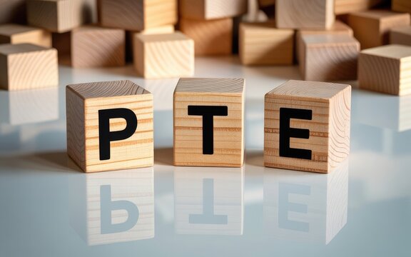 Wooden block letters spelling out PTE concept with scattered blocks in background on reflective surface