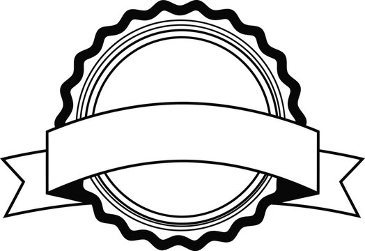 Blank label, seal, and ribbon icon, vector graphic, black and white, customizable emblem