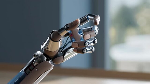 Hightech Prosthetic Device Demonstration. Futuristic Metallic Prosthesis Achieving Precise Movements