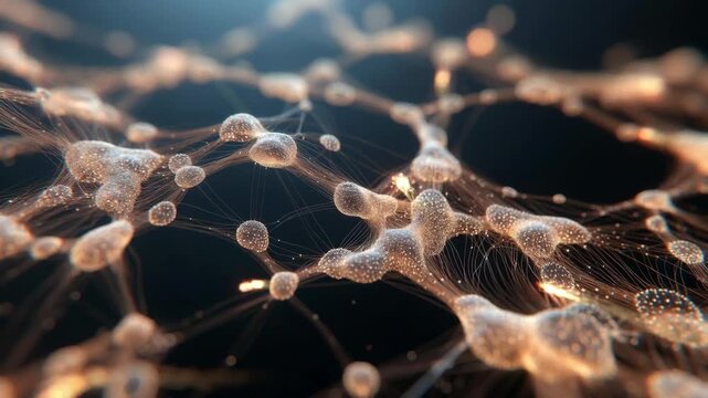 Organic glowing molecular structures in abstract style on dark backdrop, symbolizing connectivity and scientific innovation