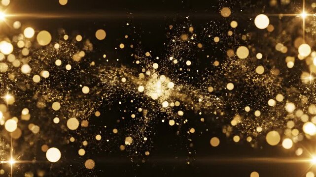 Elegant gold glitter bokeh on black background for luxury celebration and award ceremony events.