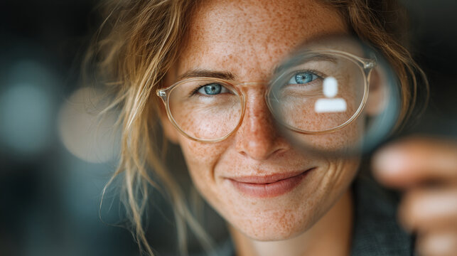 A professional HR office photograph of a business professional using a magnifying glass to highlight a selected candidate icon on a digital recruitment