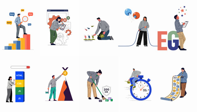 A Comprehensive SEO and Web Development Vector Illustration Set Featuring Diverse Characters Optimizing Search Engines, Website Performance, Content Strategy, and Technical Elements.