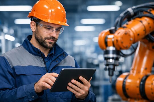 Engineer with tablet controlling robotic arm in smart factory setting. Ai generative