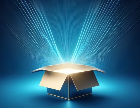 open gift box with ray of light effect on blue background 3d rendering