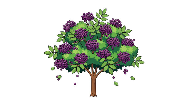 Mature Elderberry Tree with Ripe Purple Berry Clusters and Green Foliage Illustration