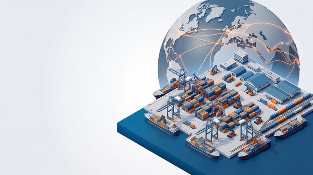 Isometric container port with global connections and cargo ships