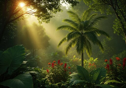 Tropical Rainforest Sunbeams Shining Through Lush Jungle Canopy for Ecotourism Concept