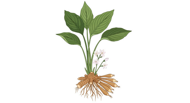 Botanical illustration of Kaempferia galanga plant with green leaves white flowers and medicinal rhizomes on white background