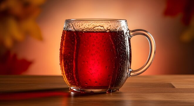 A refreshing glass mug of cold dark amber beer on a rustic wooden table.