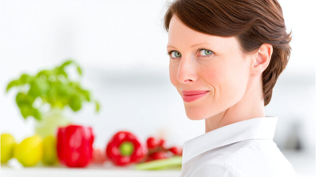 Smiling woman in a kitchen with fresh vegetables in the background, bell pepper