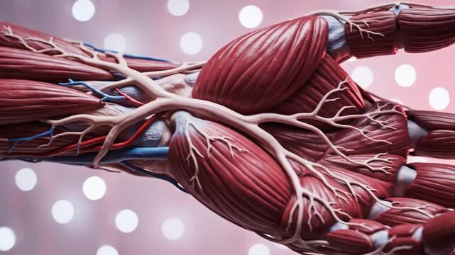 Anatomical 3D render of human arm muscle fibers with veins and nerves against a soft bokeh background