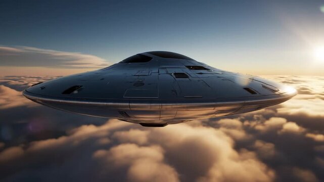 A metallic unidentified flying object or UFO soaring above the clouds during a bright sunset.