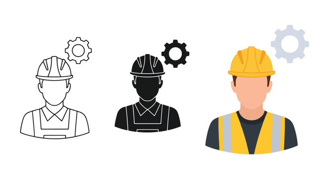 Construction worker with gear icon set - Editable line icons. Vector illustration - Glyph and solid icon set - Icon vector