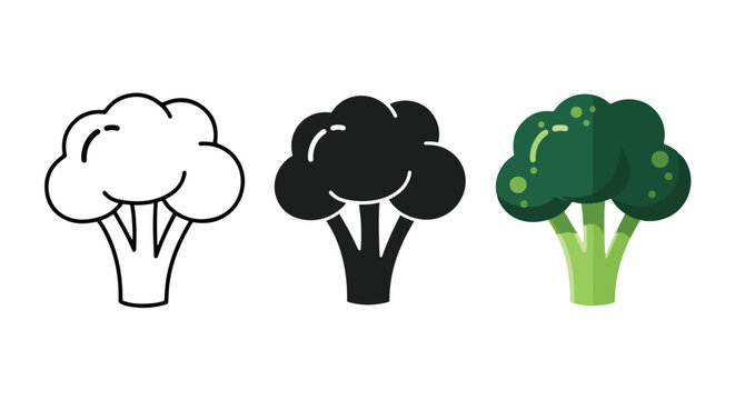 Fresh green broccoli vegetable icon set - Solid vector icons  - Clipart, sticker - icon set