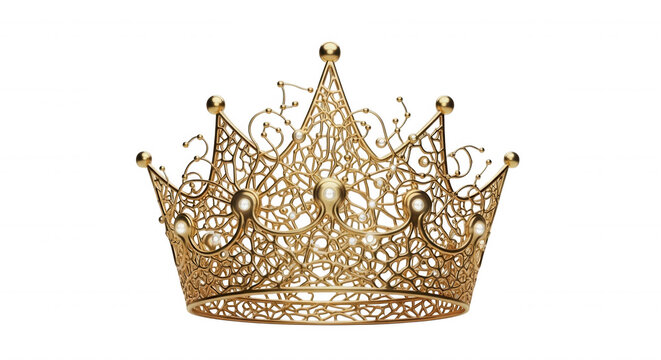Intricate gold filigree crown with delicate wire mesh patterns and small spherical accents, isolated against a solid black background