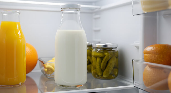Fresh milk and orange juice in refrigerator with pickles and bread  