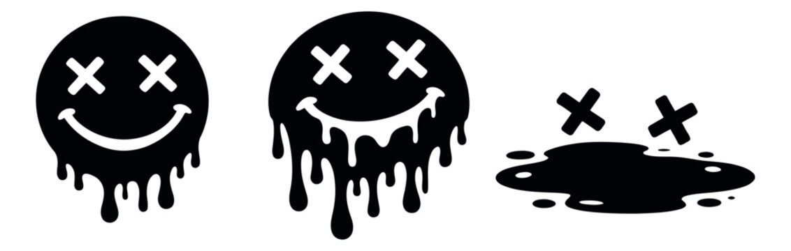 Graphic grunge smiley face set featuring melting effect and X eyes for expressive design