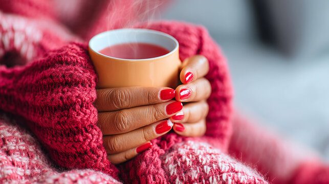 Hands holding a warm cup of red liquid wrapped in a pink knitted sweater