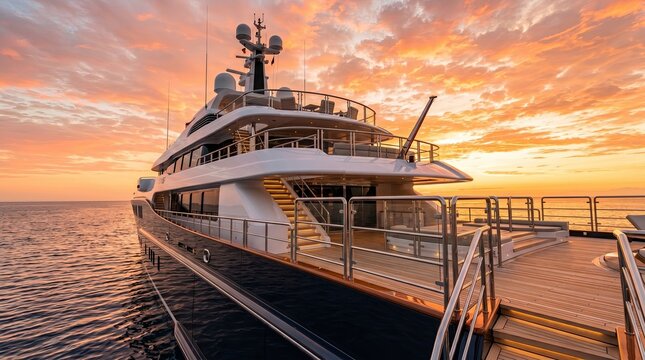  low-angle view of luxury yacht deck at golden sunset with dramatic sky and sea reflection