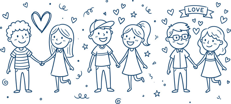 A charming doodle style illustration depicts three couples holding hands surrounded by hearts and the word 'love'