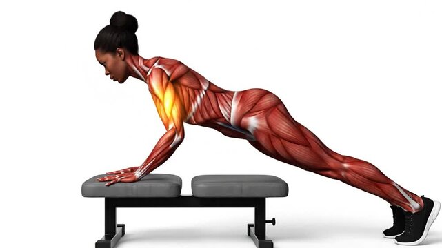 Anatomical illustration of a black woman performing an incline plank exercise on a gym bench