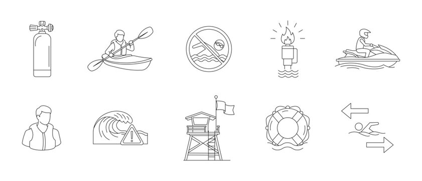 Water safety and rescue thin line icon set. Editable stroke. Vector illustration.	