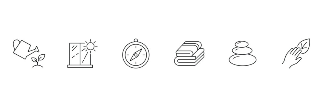 Personal wellness and mindfulness icon set including watering can, sunny window, compass, folded towels, zen stones and leaf vector.