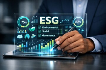 Fototapeta premium ESG data analytics dashboard on futuristic digital tablet screen interface. Ai generative